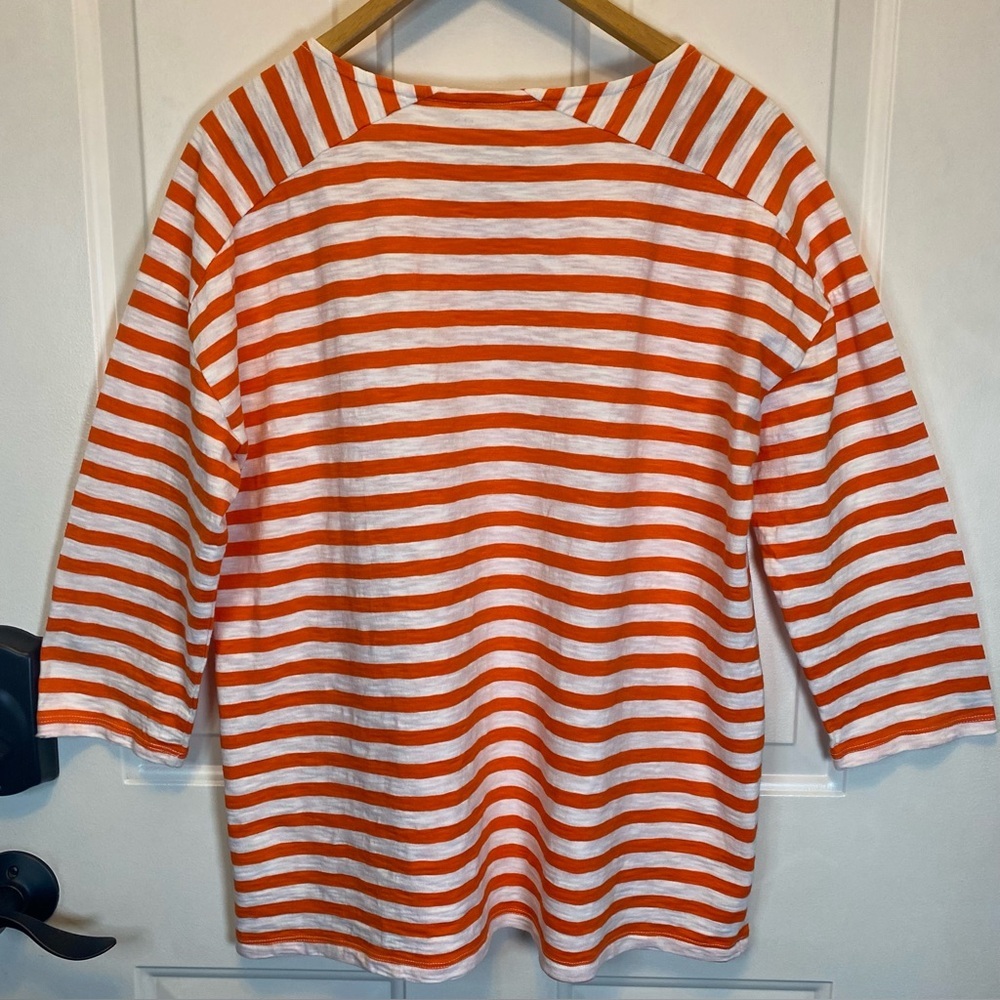 Talbots Orange & White Sz L Striped Cotton Top with pocket 3/4 Sleeves - Picture 4 of 12